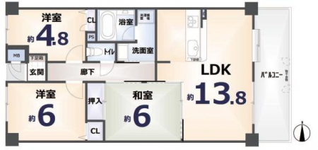 　間取り3LDK 専有面積68.12平米、バルコニー面積9.74平米　東向きバルコニー 室内丁寧にお使いです。